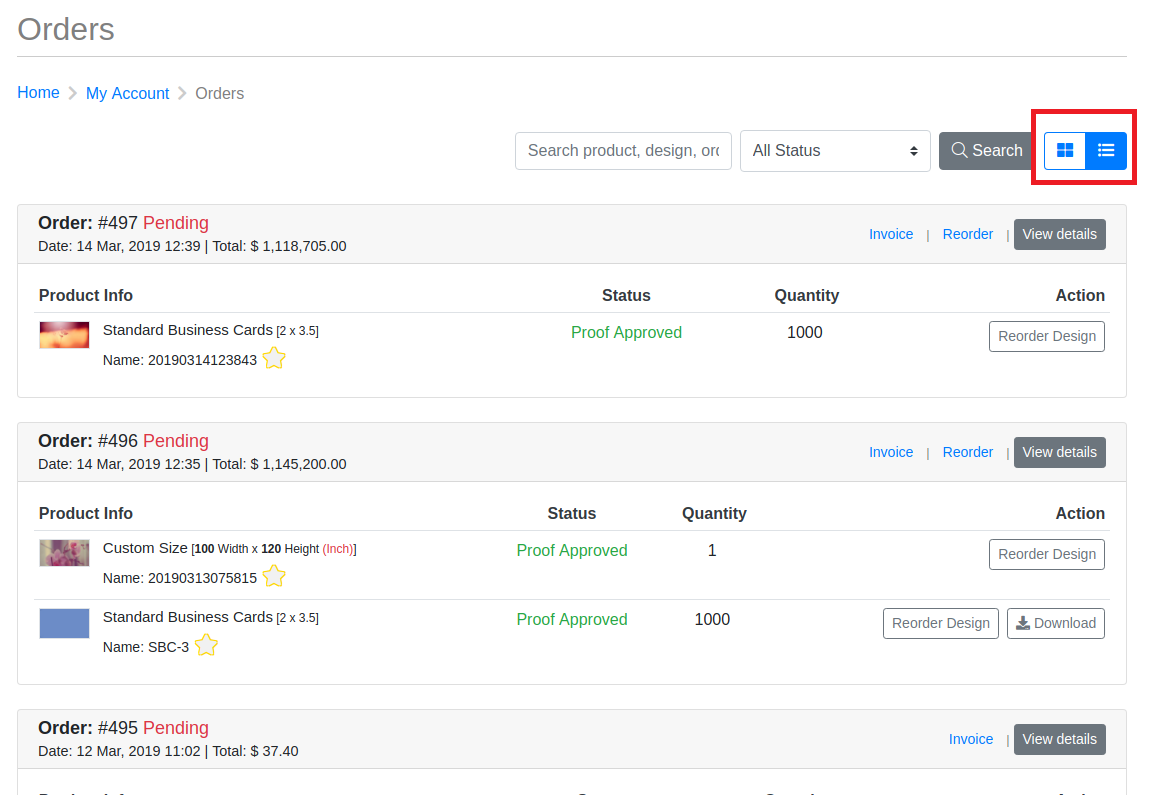 Grid view for order listing page