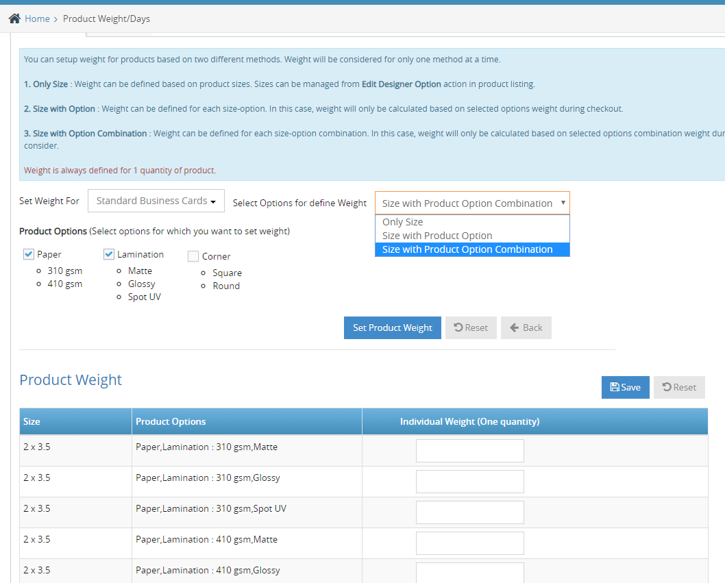 Product weight configuration enhancement