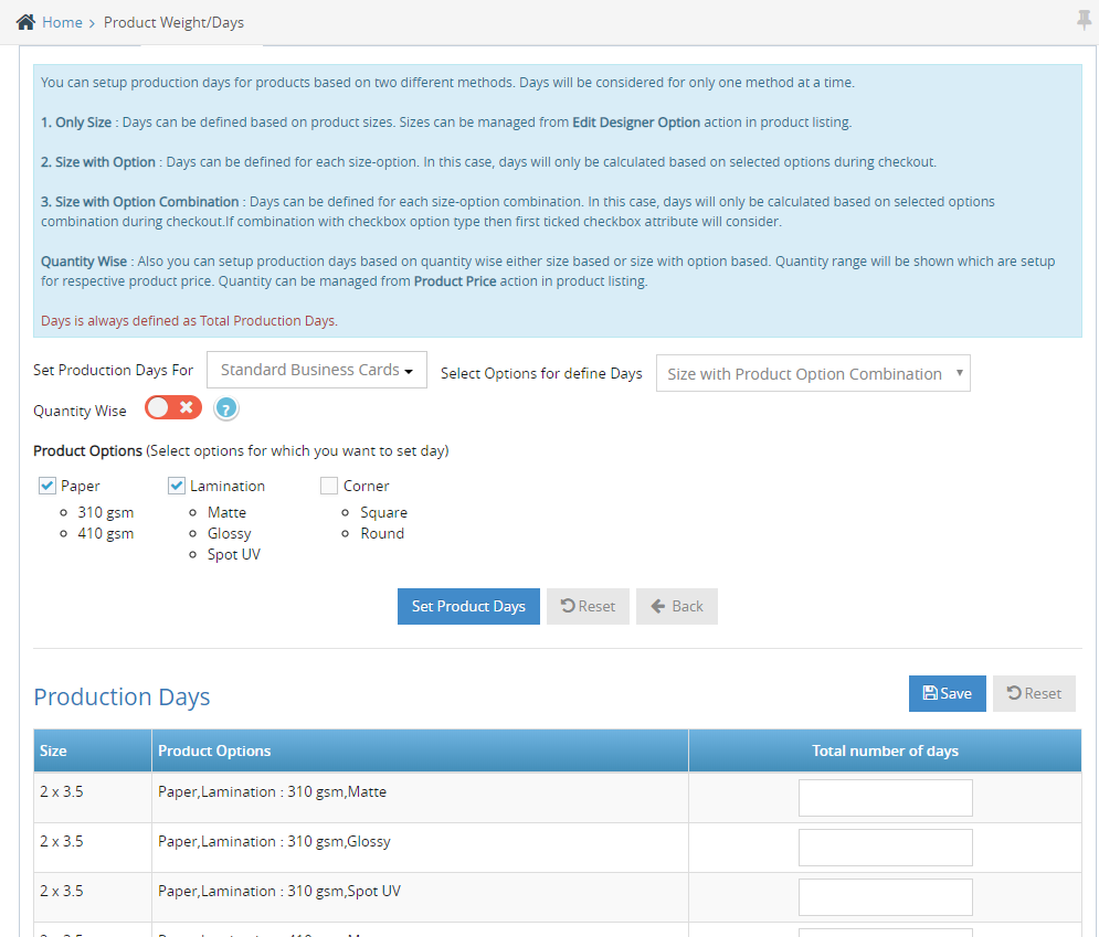 Production Days configuration enhancement